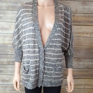 Lush Grey/White Striped 3/4 Sleeve Sweater
